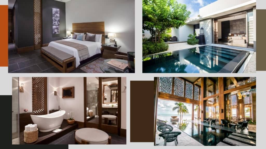 A collage of pictures of a hotel room with a swimming pool in Cancun.