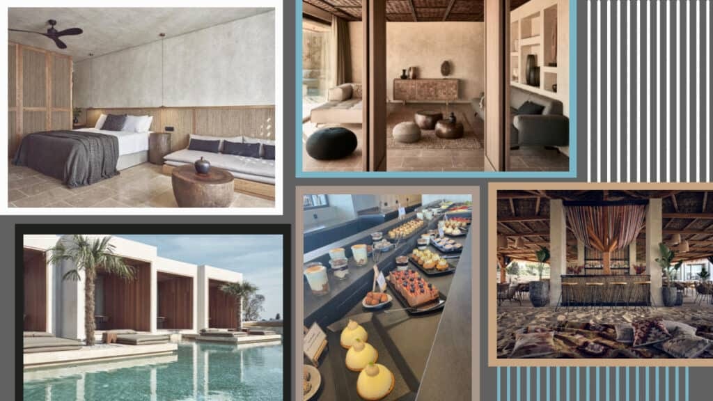 A collage of pictures of a hotel room with a pool in Greece.