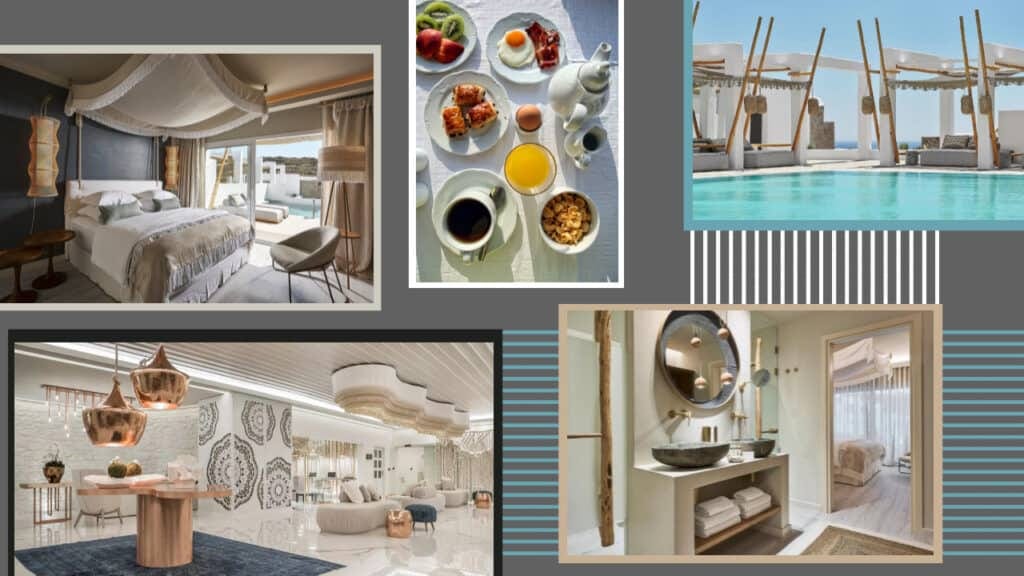 A collection of pictures showcasing the picturesque hotel rooms in Greece.
