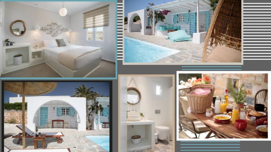 A collage of pictures of a hotel room with a pool in Greece.