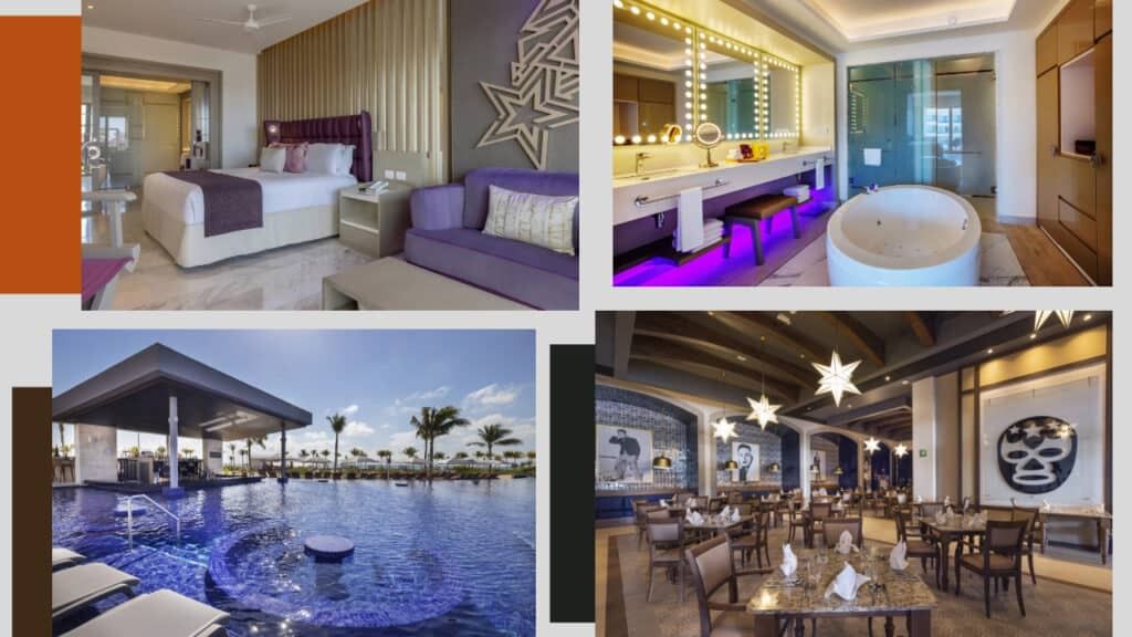 A collage of pictures showcasing the luxurious swimming pools at various Cancun hotels.