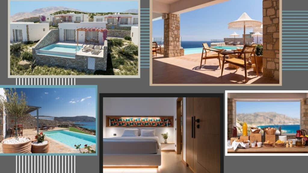 A collage of photos showing a swimming pool and a hotel in Greece.