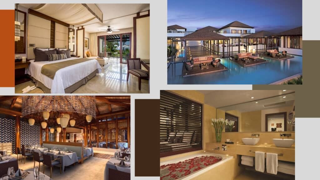 A collage of pictures of a resort in Cancun with a swimming pool.