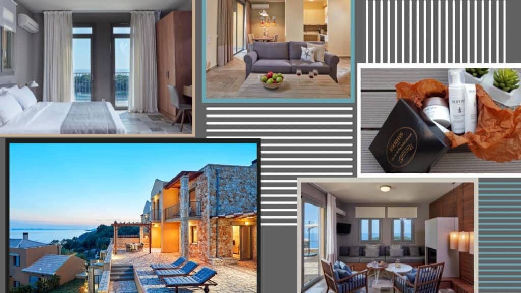 A collage of pictures depicting elegant hotel rooms in Greece.