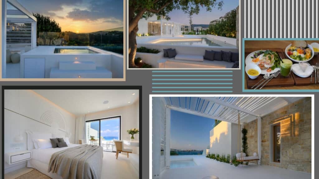 A collage of pictures showcasing a breathtaking hotel and its mesmerizing pool in Greece.