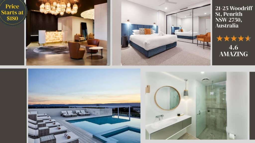 A collage of a sydney hotel room.