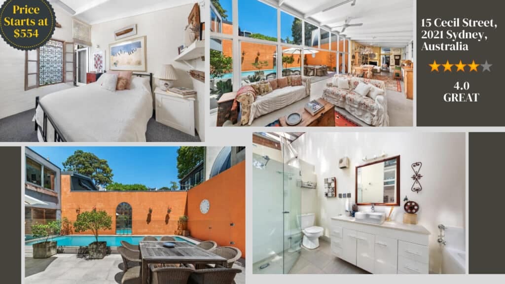 A collage of different rooms in Sydney hotels.