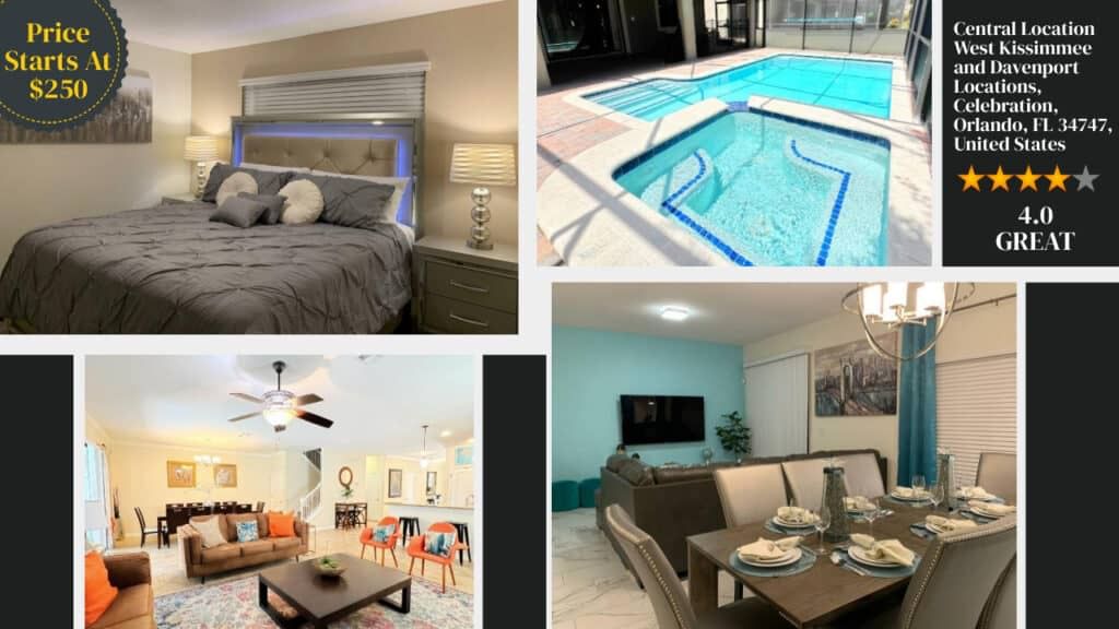 A collage of pictures of a home with a swimming pool, reminiscent of Florida hotels.