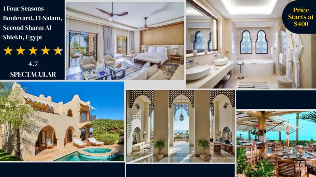 Luxurious Egyptian hotels with elegant accommodations and amenities, rating of 4.7 — prices starting at $400.