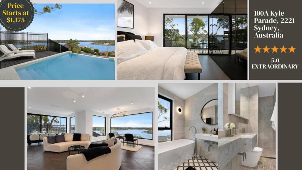 A collage of a house in Sydney with a pool and a bed.