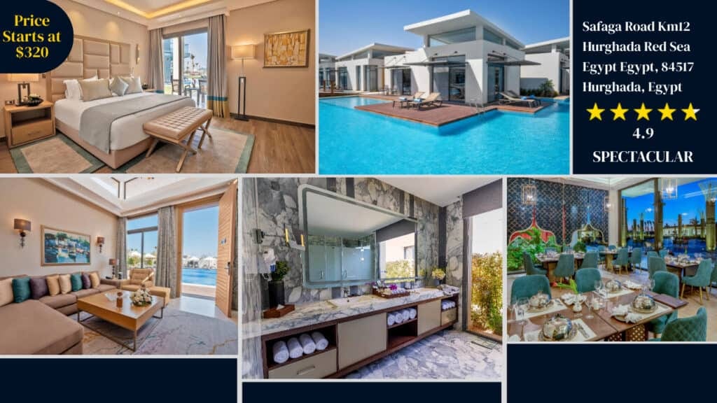 A collage showcasing the luxurious interiors and amenities of Egypt hotels, including a bedroom, pool, bathroom, and dining area, with location and pricing information.