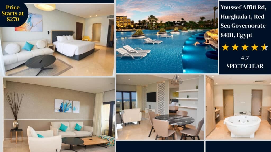Luxurious Egypt hotel with modern rooms and inviting pool area, available from $270 per night — located on Youssef Affifi Rd, Hurghada. Rated 4.7 stars.