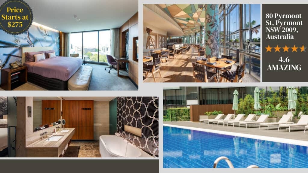 A collage of different sydney hotels rooms.