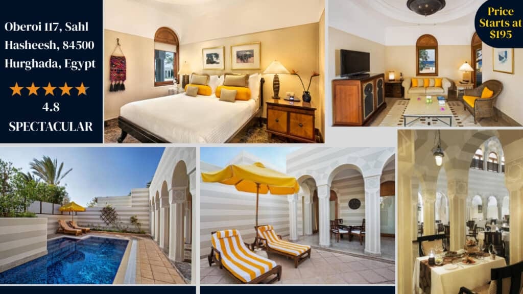 Luxurious Egyptian hotel resort room and amenities with a 4.8-star rating, starting at $195 per night.