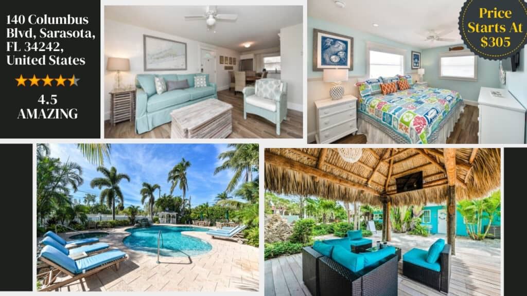 A collage of a house with a pool and a couch, reminiscent of luxury Florida hotels.