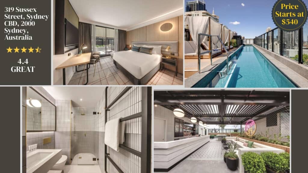 A collage of a Sydney hotel room.