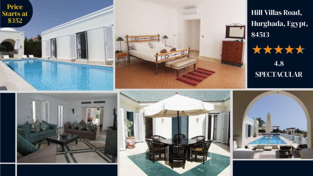 A promotional collage showcasing the amenities and interiors of a luxurious villa for rent in Hurghada, Egypt, with pricing and high guest rating highlighted among prestigious Egypt hotels.