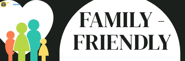 A black and white logo with the words family friendly, inspired by Florida hotels.