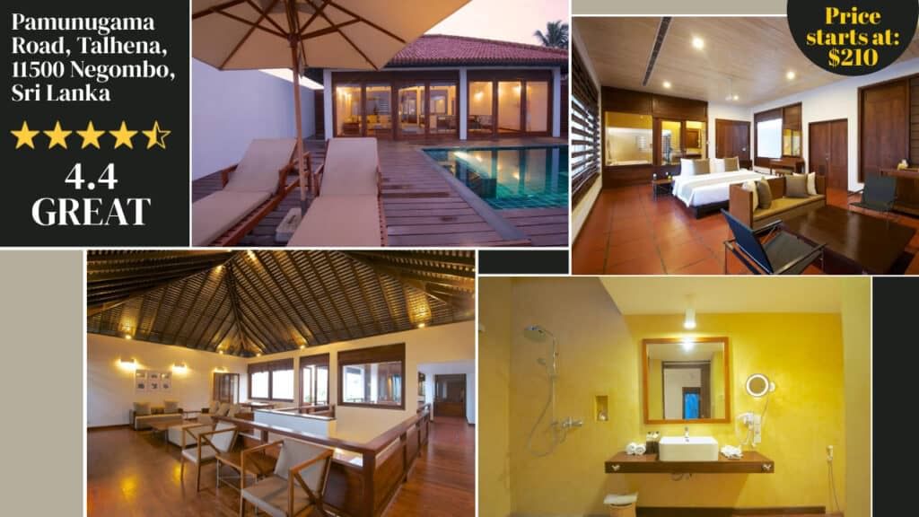 Collage of a luxury resort in Negombo, Sri Lanka shows poolside, living area, dining area, and bathroom along with details such as address, rating, and starting price. Discover one of the finest Sri Lanka hotels where elegance meets comfort.