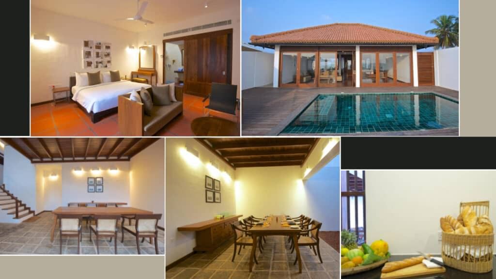Collage of a villa with a bedroom, poolside view, dining area, conference room, and a kitchen counter with fruits and bread in one of the finest Sri Lanka hotels.