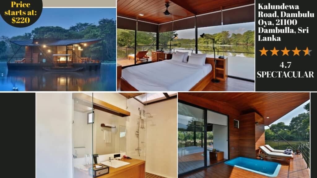 Collage of a houseboat with an interior view of a bedroom, bathroom, and patio with an outdoor pool. Details include price starting at $220, a 4.7-star rating, and location in Dambulla, Sri Lanka—one of the premier Sri Lanka hotels.