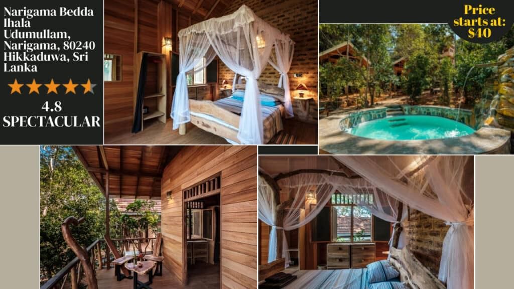 A collage showcasing a wooden cabin in Sri Lanka with a canopy bed, private jacuzzi, and outdoor seating. This idyllic retreat is part of the top Sri Lanka hotels, boasting a 4.8-star rating and prices starting at just $40.