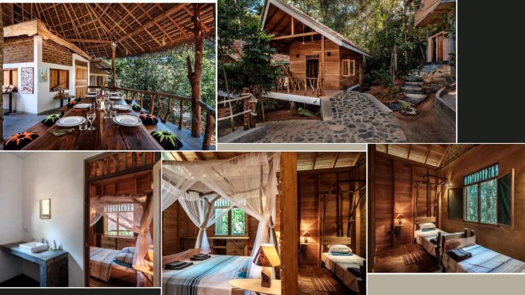 Rustic resort showcasing outdoor dining area, stone paths, and wooden cottages. Interiors feature cozy bedrooms with wooden decor, canopied beds, and simple furnishings amidst a natural setting—a true gem among Sri Lanka Hotels.